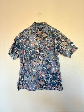 Vintage ONO 100% Cotton Japanese Print Blue Floral Short-Sleeve Button-Up Shirt